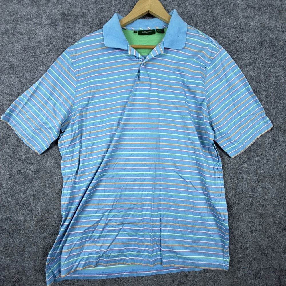 Bobby Jones Polo Shirt Mens Large Blue Striped Cotton Tennis Sports Performance